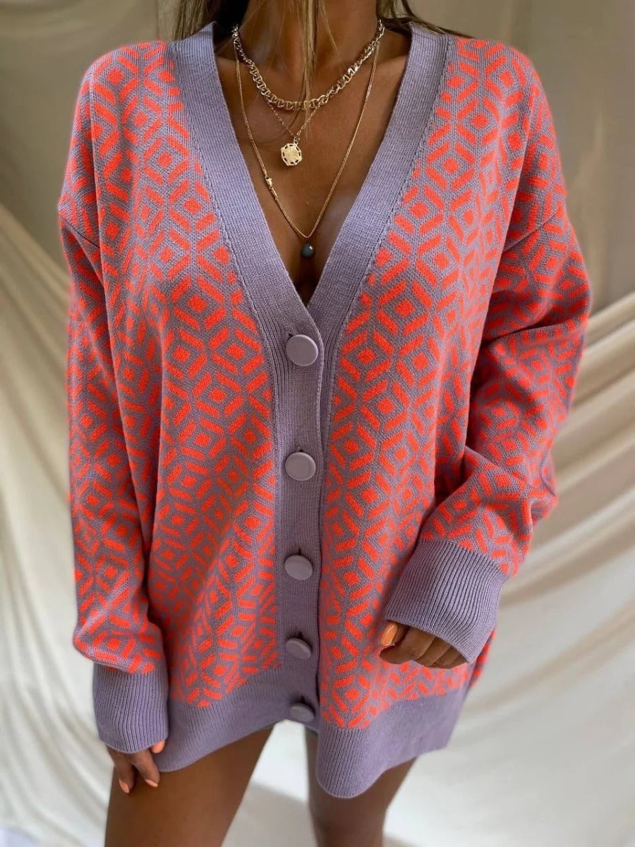 Women’s Knitted Cardigan – Oversized Fit – Wool Blend – V-Neck – Geometric Pattern