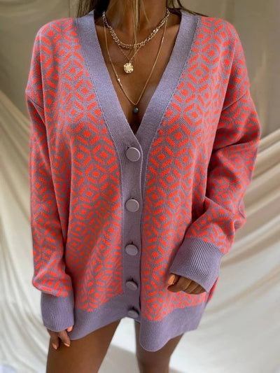 Women’s Knitted Cardigan – Oversized Fit – Wool Blend – V-Neck – Geometric Pattern