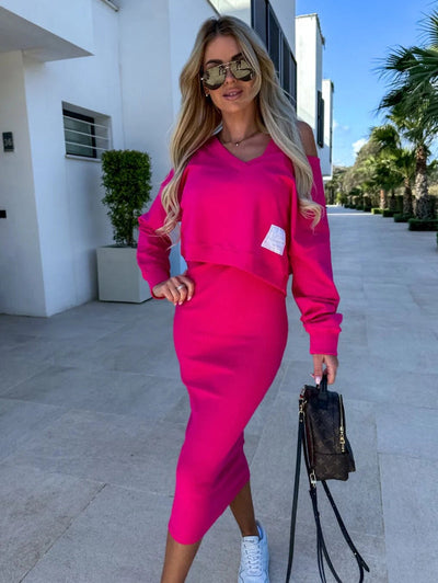 Women’s Sweatshirt Dress Set – Cotton Blend – Slim Fit – V-Neck Top – Midi Skirt