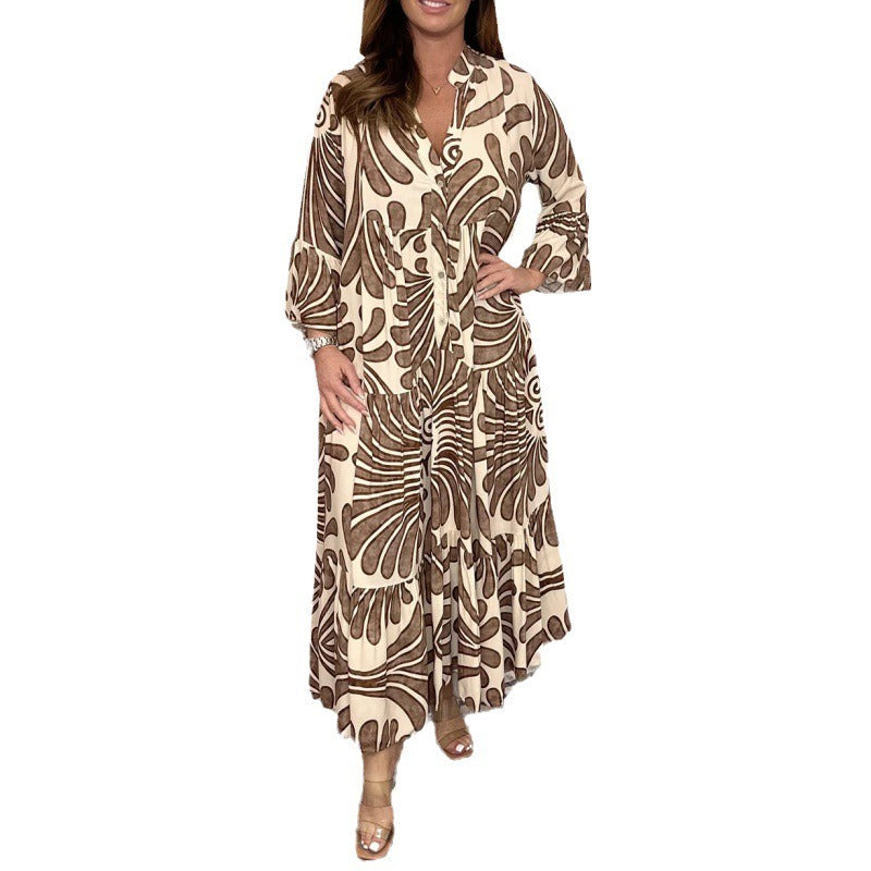 Women’s Midi Dress – Chiffon – Loose Fit – V-Neck – Pleated – Printed – 3/4 Sleeve