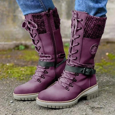 Women’s Knee-High Boots – Wool Knit Cuff – Lace-Up – Side Zipper – Buckle Strap
