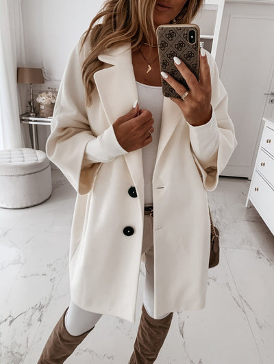 Women’s Wool Coat – Oversized Fit – Three-Quarter Sleeve – Knee Length – Lapel Collar