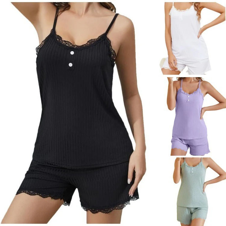 Women’s Sleepwear Set – Ribbed Camisole and Shorts – Lace Trim – Relaxed Fit