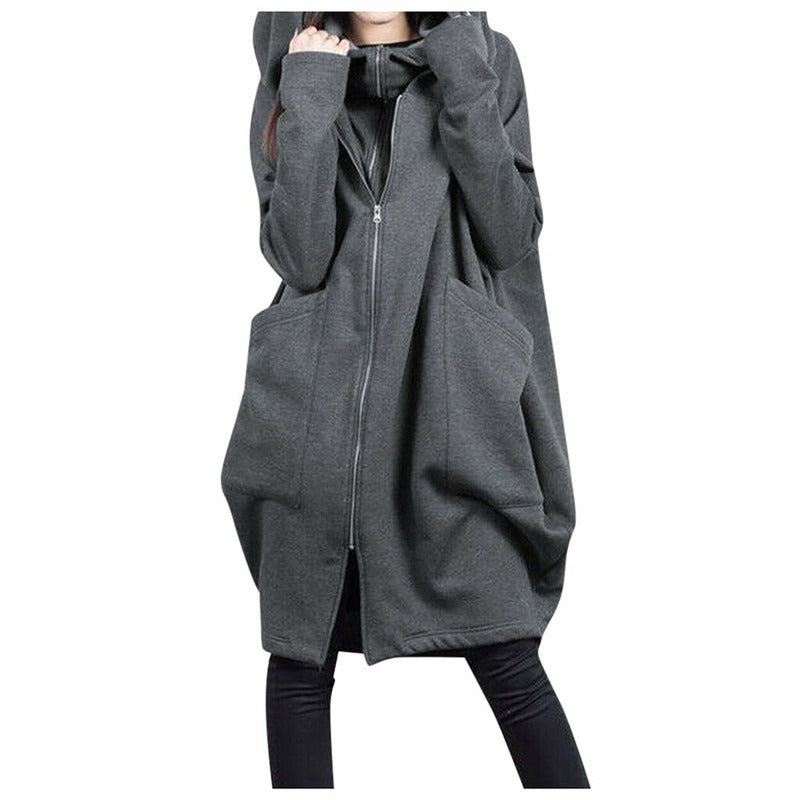 Women’s Mid-Length Coat – Oversized Fit – Hooded – Zipper Front – Casual Wear