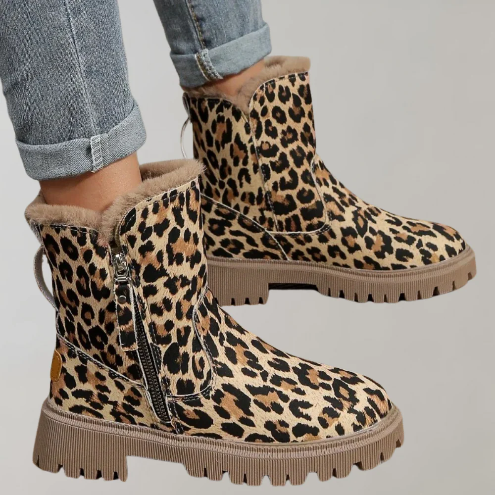 Women’s Mid-Calf Boots – Plush Lining – Side Zipper – Rugged Sole – Patterned Upper