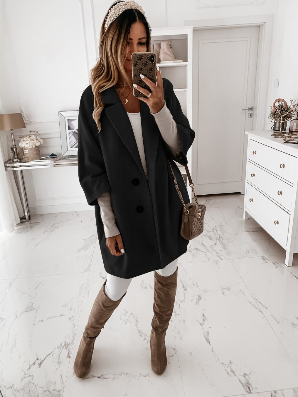 Women’s Wool Coat – Oversized Fit – Three-Quarter Sleeve – Knee Length – Lapel Collar