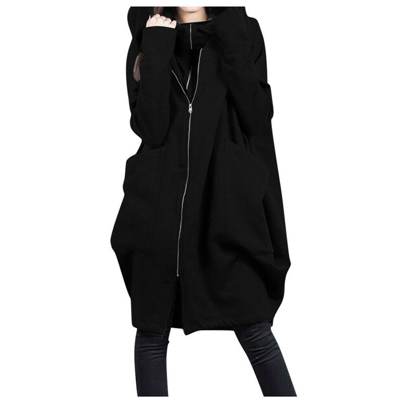 Women’s Mid-Length Coat – Oversized Fit – Hooded – Zipper Front – Casual Wear