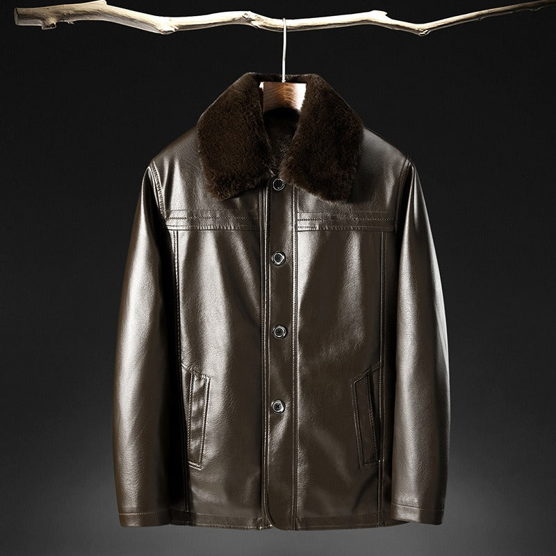 Men’s Leather Jacket – Tailored Fit – Plush Fur Collar – Button Front – Waist Length