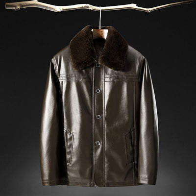 Men’s Leather Jacket – Tailored Fit – Plush Fur Collar – Button Front – Waist Length