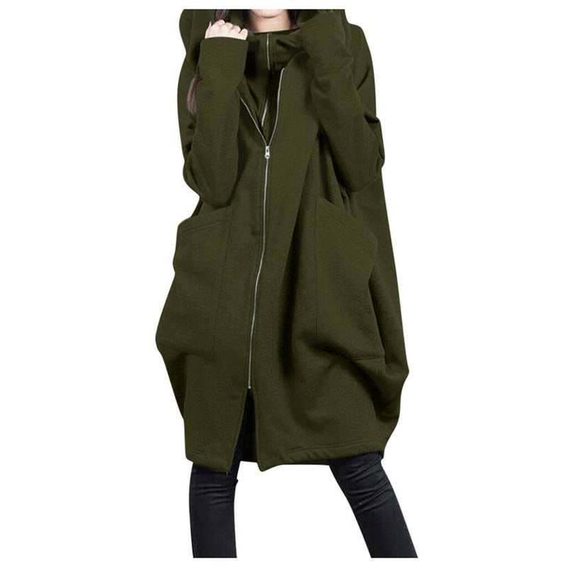 Women’s Mid-Length Coat – Oversized Fit – Hooded – Zipper Front – Casual Wear