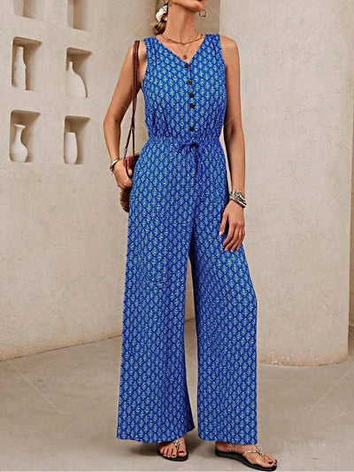 Women’s Jumpsuit – V Neck Sleeveless – Relaxed Fit – Wide Leg – Drawstring Waist
