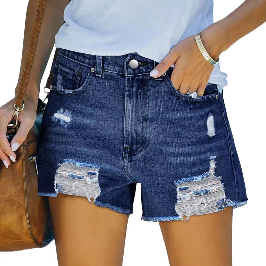 Women’s Denim Shorts – High Waist Slim Fit – Distressed Frayed Hem – 5 Pocket Design