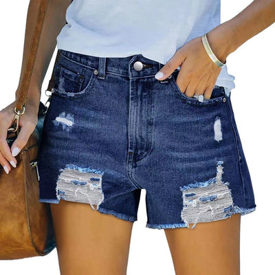 Women’s Denim Shorts – High Waist Slim Fit – Distressed Frayed Hem – 5 Pocket Design