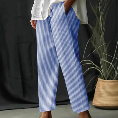 Women’s Wide-Leg Pants – Cotton Linen – Relaxed Fit – Striped – Drawstring Waist