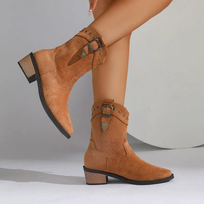 Women’s Mid-Tube Boots – Suede Feel – Pointed Toe – Embroidered – Buckle – Thick Heel