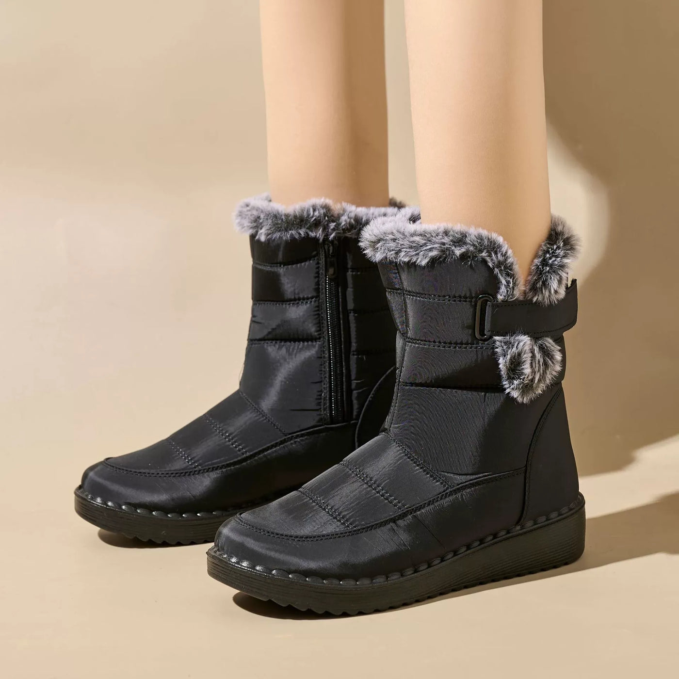 Women’s Mid-Calf Boots – Quilted Weatherproof – Faux Fur Lined – Side Zip Flat Sole