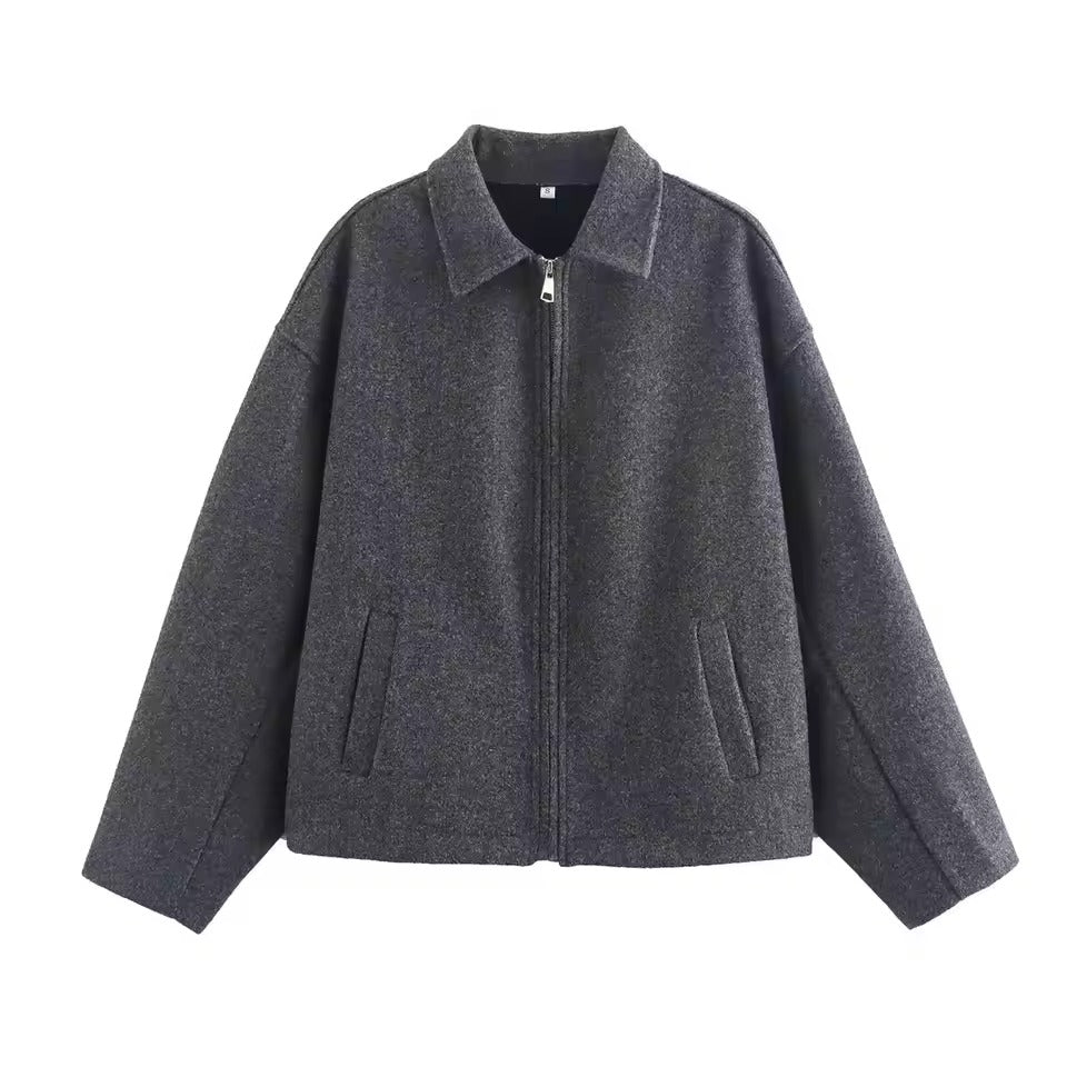 Women’s Jacket – Wool Blend – Loose Fit – Zip Front – Revers Collar – Hip Length