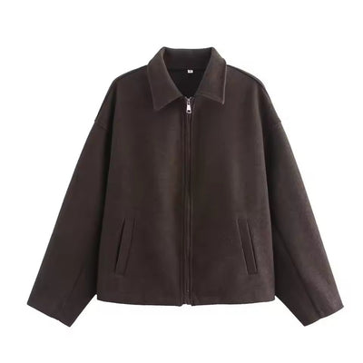Women’s Jacket – Wool Blend – Loose Fit – Zip Front – Revers Collar – Hip Length