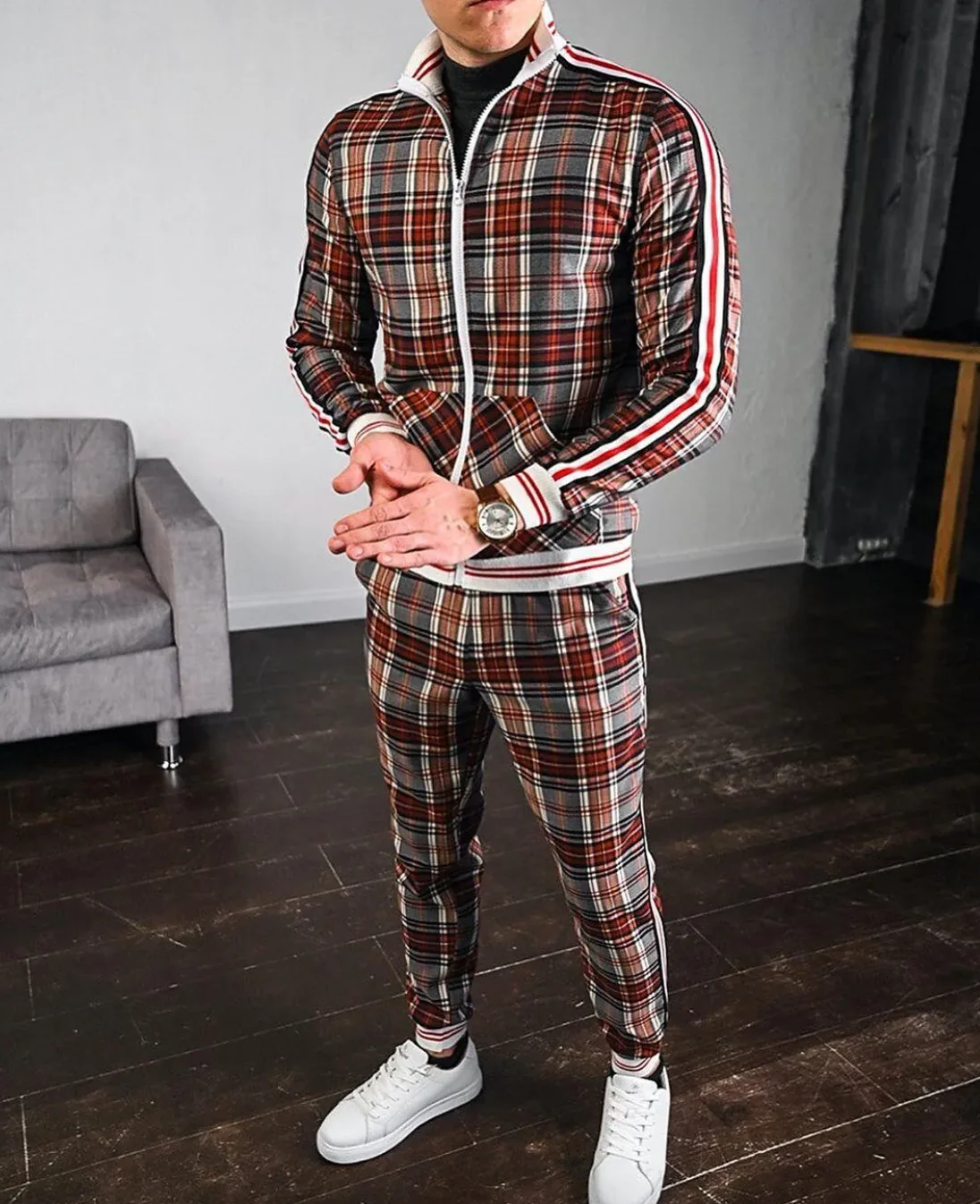 Men’s Tracksuit Set – Slim Fit – Zip Jacket with Stripes – Plaid Pattern – Tapered Pants