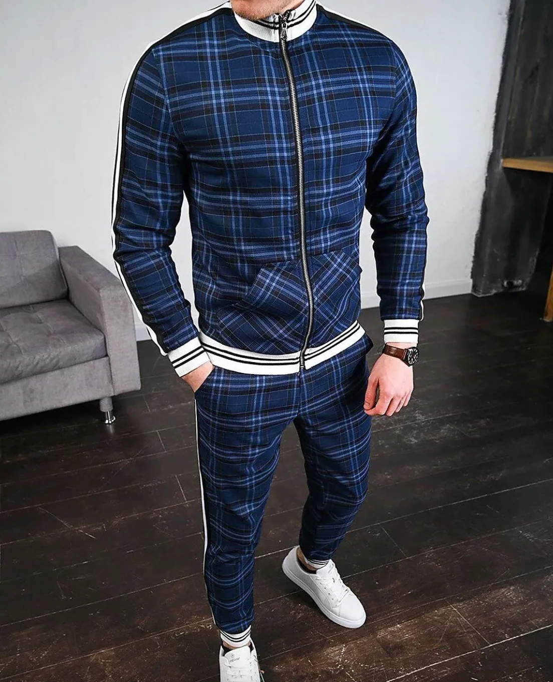 Men’s Tracksuit Set – Slim Fit – Zip Jacket with Stripes – Plaid Pattern – Tapered Pants