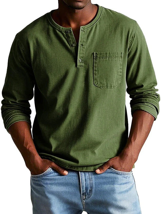 Men’s Long Sleeve Top – Classic Fit – Cotton Feel – Crew Neck with Button Placket – Chest Pocket