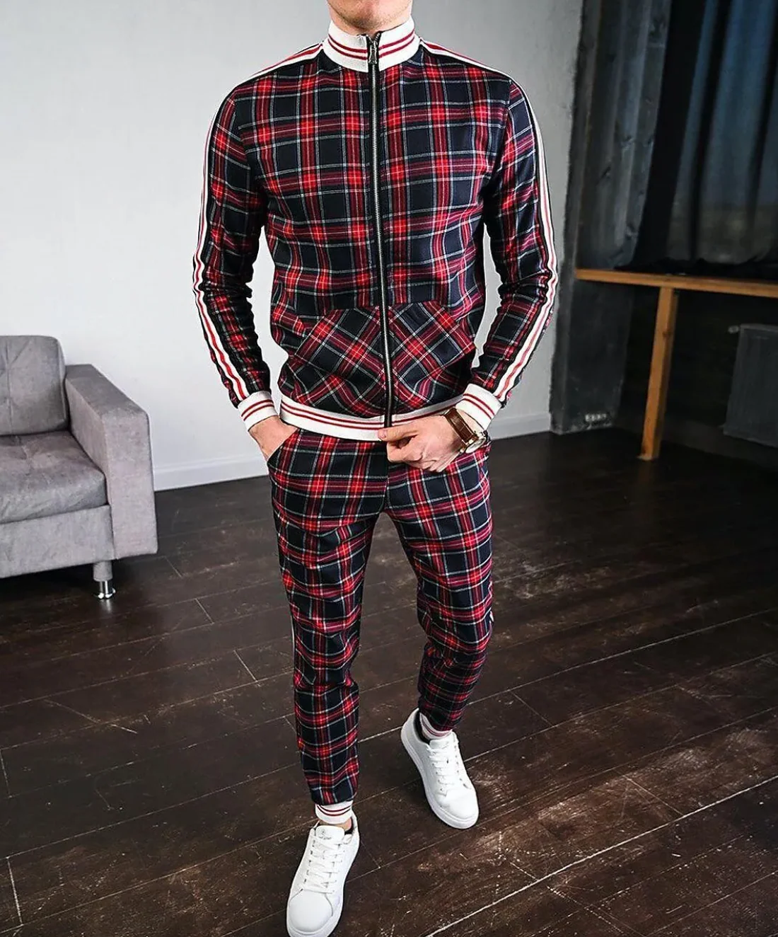 Men’s Tracksuit Set – Slim Fit – Zip Jacket with Stripes – Plaid Pattern – Tapered Pants