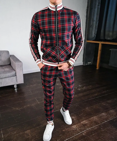 Men’s Tracksuit Set – Slim Fit – Zip Jacket with Stripes – Plaid Pattern – Tapered Pants