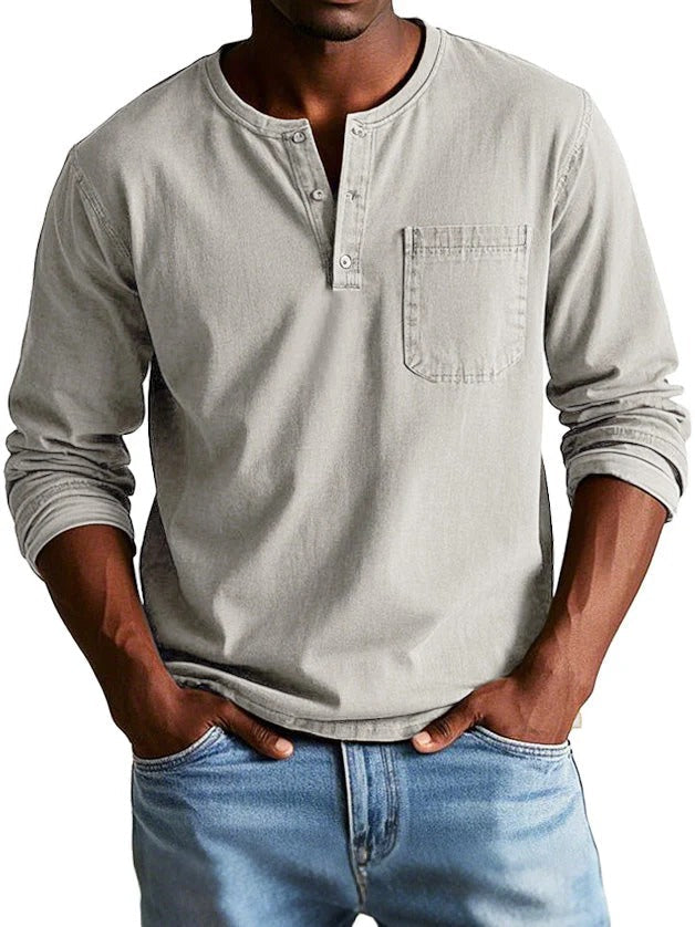 Men’s Long Sleeve Top – Classic Fit – Cotton Feel – Crew Neck with Button Placket – Chest Pocket