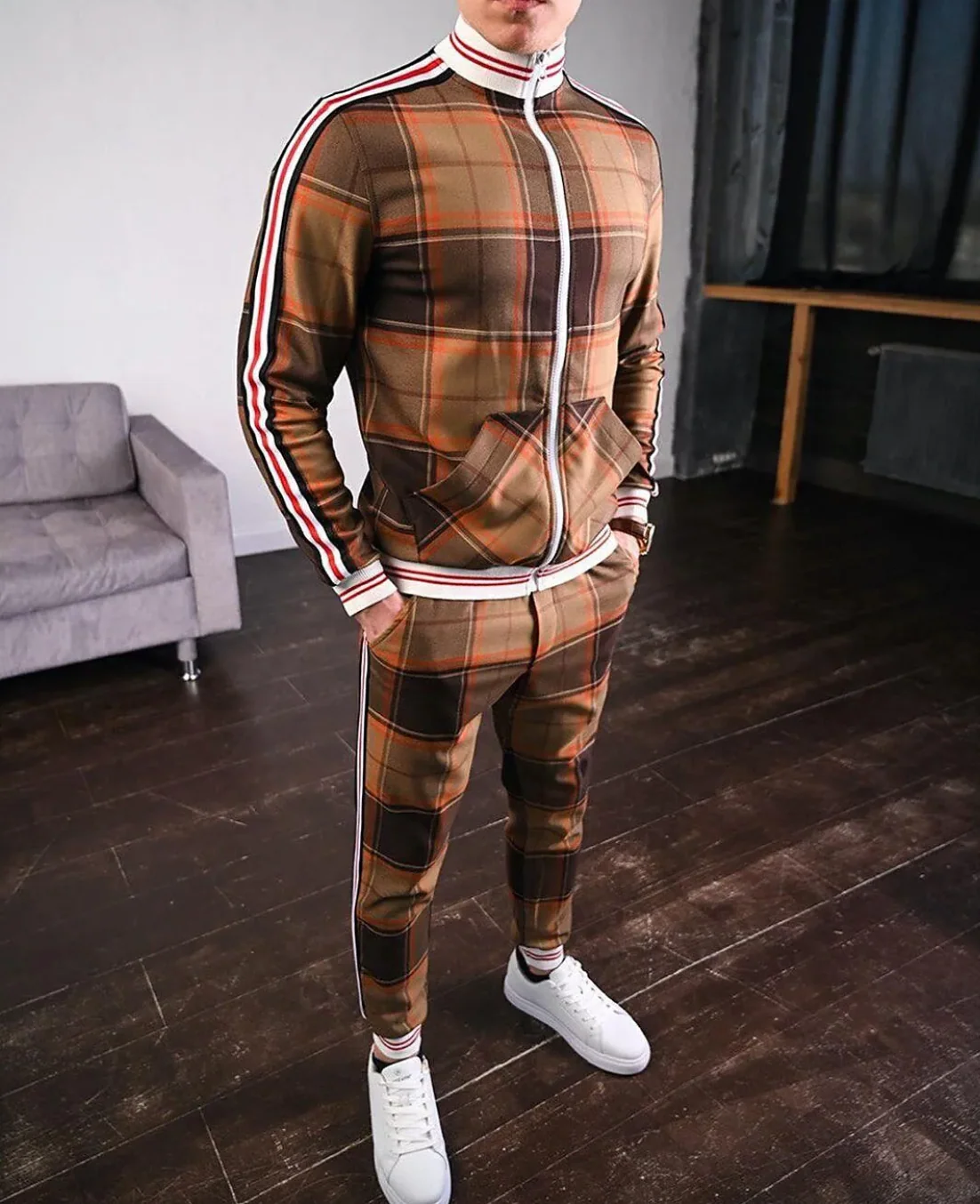 Men’s Tracksuit Set – Slim Fit – Zip Jacket with Stripes – Plaid Pattern – Tapered Pants