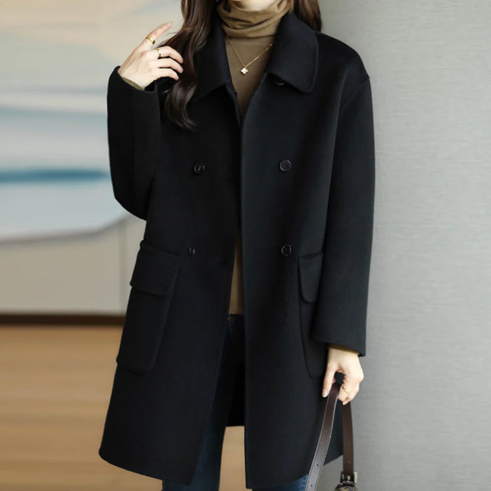 Women’s Double-Breasted Coat – Wool Feel – Structured Fit – Notched Collar – Knee Length