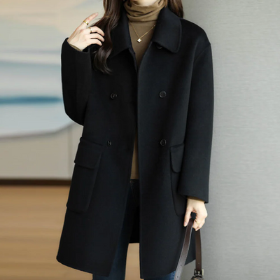 Women’s Double-Breasted Coat – Wool Feel – Structured Fit – Notched Collar – Knee Length