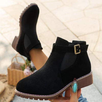 Women’s Ankle Boots – Suede Texture – Buckle Strap – Elastic Panel – Gripped Sole