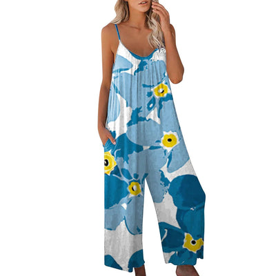 Women’s Jumpsuit – Relaxed Fit – Wide Leg – Spaghetti Straps – Cotton Blend – Abstract Print – Full Length