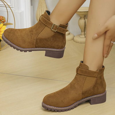 Women’s Ankle Boots – Suede Texture – Buckle Strap – Elastic Panel – Gripped Sole