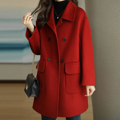 Women’s Double-Breasted Coat – Wool Feel – Structured Fit – Notched Collar – Knee Length