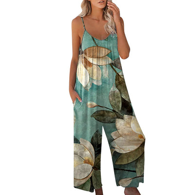 Women’s Jumpsuit – Relaxed Fit – Wide Leg – Spaghetti Straps – Cotton Blend – Abstract Print – Full Length