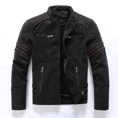 Men’s Biker Jacket – Slim Fit – Quilted Shoulders – Asymmetrical Zipper – Stand Collar