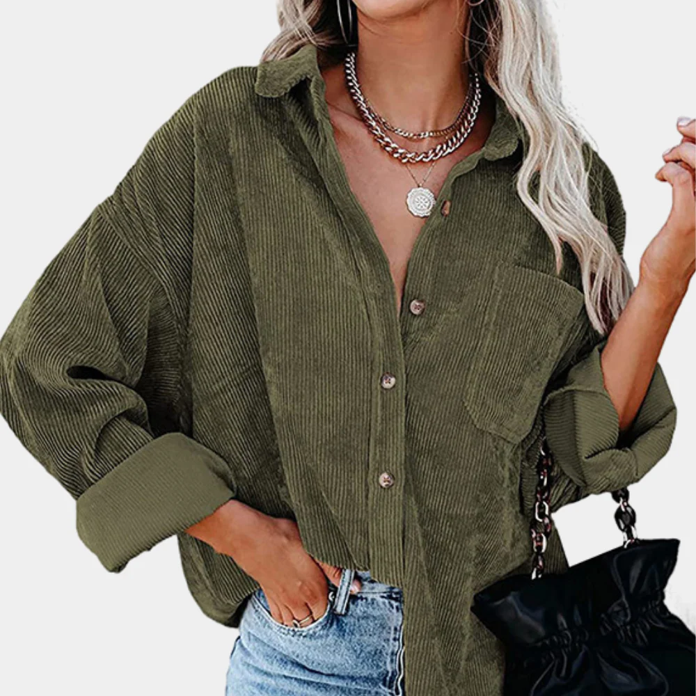 Women’s Corduroy Jacket – Oversized Fit – Button-Up Front – Ribbed Texture – Hip Length