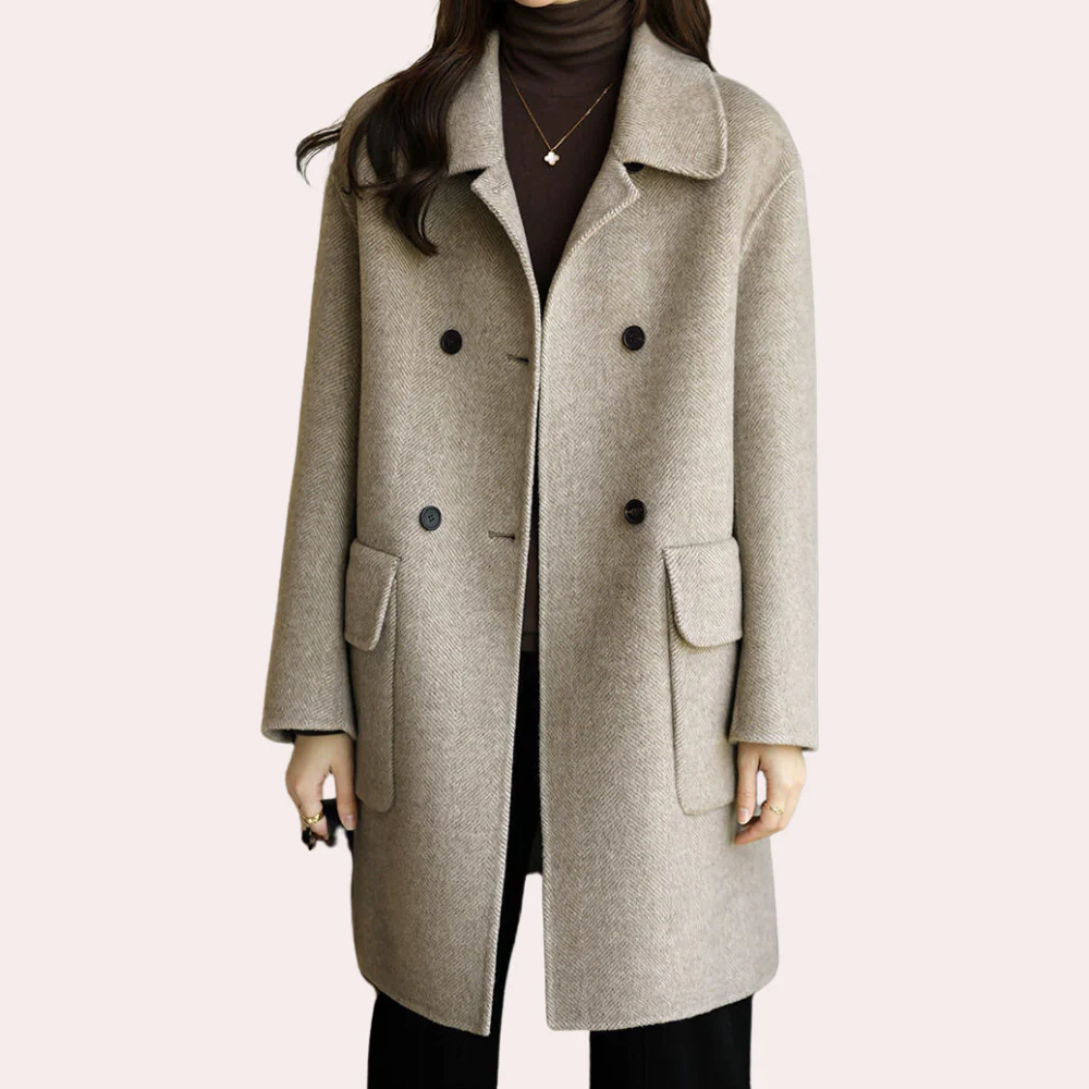 Women’s Double-Breasted Coat – Wool Feel – Structured Fit – Notched Collar – Knee Length
