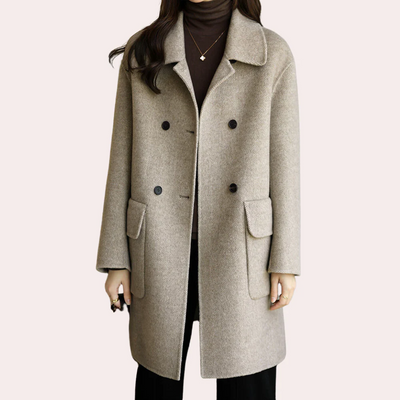Women’s Double-Breasted Coat – Wool Feel – Structured Fit – Notched Collar – Knee Length