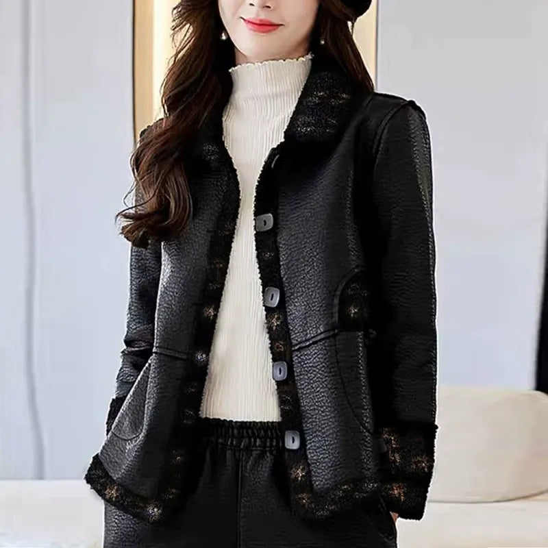 Women’s Leather Jacket – Structured Fit – Plush Trim – Button-Down – Short Length