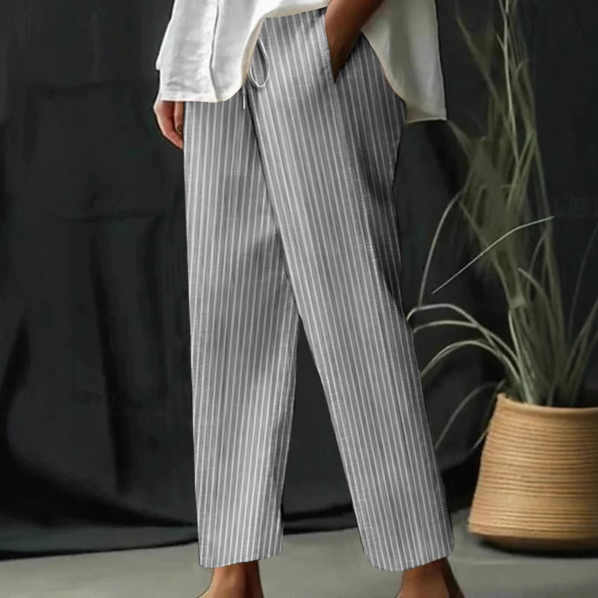 Women’s Wide-Leg Pants – Cotton Linen – Relaxed Fit – Striped – Drawstring Waist
