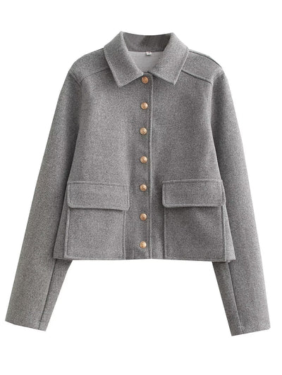 Women’s Bomber Jacket – Cropped Fit – Wool Blend – Button Front – Structured Collar