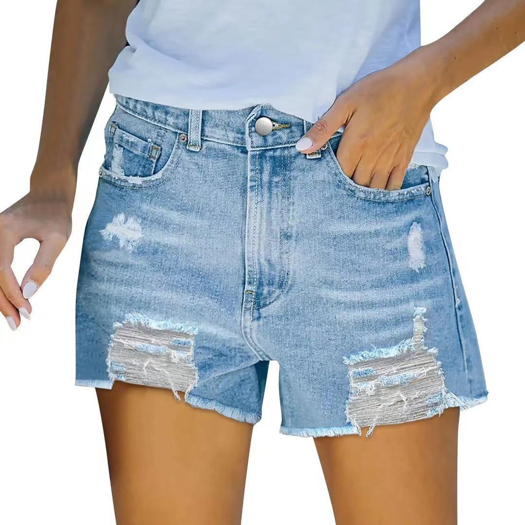 Women’s Denim Shorts – High Waist Slim Fit – Distressed Frayed Hem – 5 Pocket Design