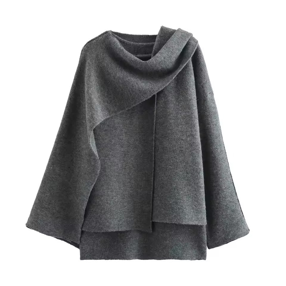 Women’s Coat – Knitted Texture – Oversized Fit – Asymmetrical Shawl Collar – Mid-Length