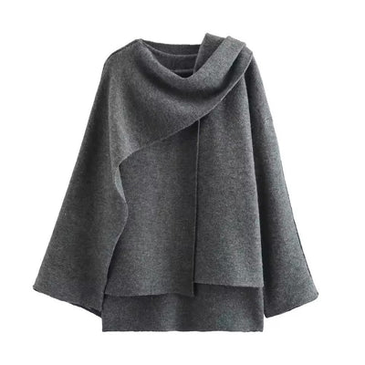 Women’s Coat – Knitted Texture – Oversized Fit – Asymmetrical Shawl Collar – Mid-Length