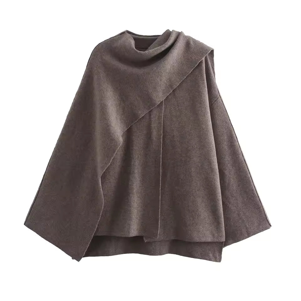 Women’s Coat – Knitted Texture – Oversized Fit – Asymmetrical Shawl Collar – Mid-Length