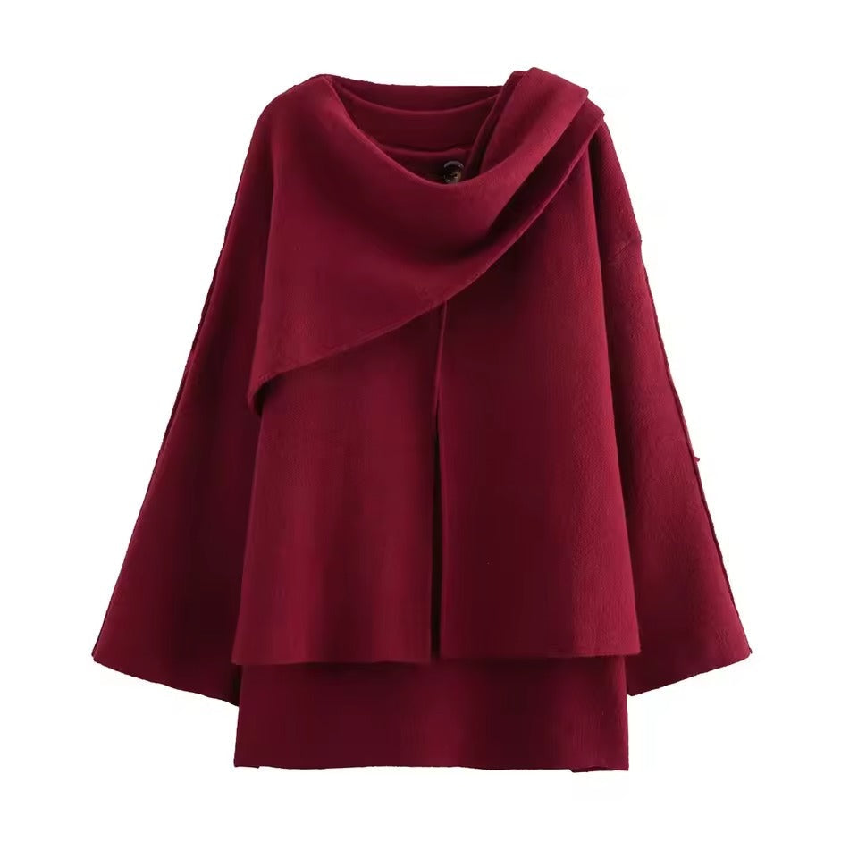 Women’s Coat – Knitted Texture – Oversized Fit – Asymmetrical Shawl Collar – Mid-Length