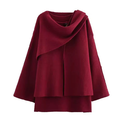 Women’s Coat – Knitted Texture – Oversized Fit – Asymmetrical Shawl Collar – Mid-Length