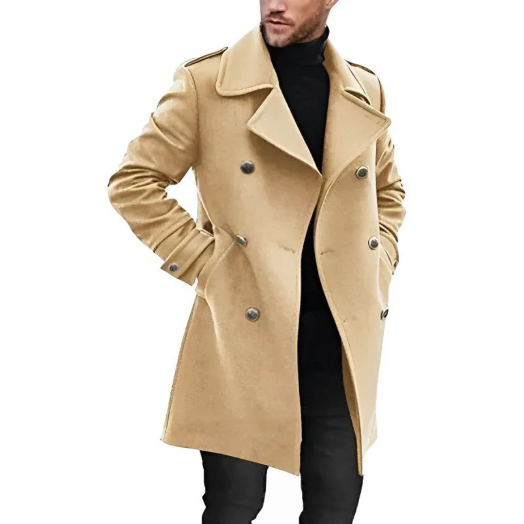 Men’s Trench Coat – Wool Blend – Tailored Fit – Double-Breasted Mid-Length Design